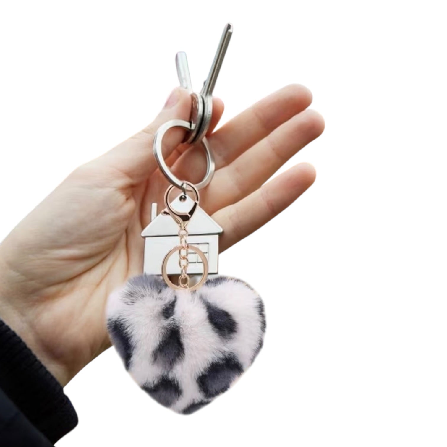 Fluffy Leopard Print Heart Keyring